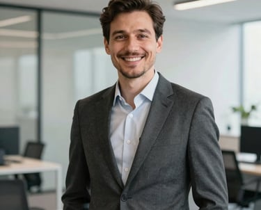 A confident portrait of a male contract specialist in his late 30s with a friendly smile, dressed in a dark grey business suit, with a bright, clean, premium modern agency office in the background, Central European style.