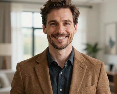 A professional headshot of a friendly and competent male real estate agent in his early 40s wearing a tailored brown jacket. Bright natural light, with a blurred high-end home interior backdrop, Central European appearance.