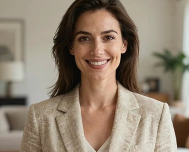 A warm professional headshot of a female real estate agent in her late 30s with a welcoming smile, wearing a beige linen blazer. Soft-focus background of an upscale contemporary home interior, elegant and professional, Central European style.