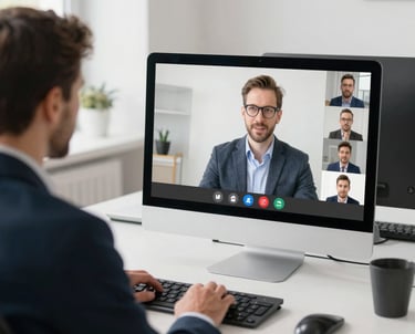 A professional remote support team collaborating over video calls with clients across different time zones.