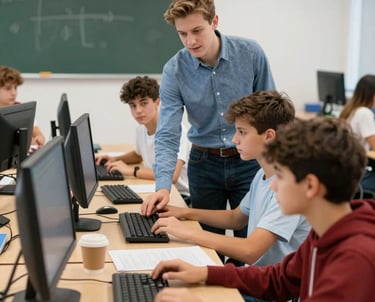 Group of diverse students collaborating on a coding project with AI tools.