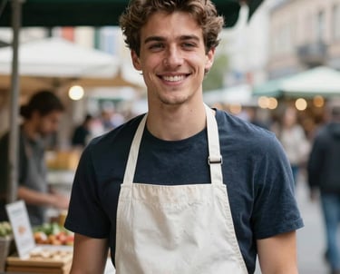 A professional portrait of a young man at a market stall in Berlin, wearing a clean apron. He is smiling warmly. The background shows a blurred city street in Berlin. High-quality photography with natural light.