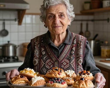 A portrait of an elderly woman, the family matriarch, holding a tray of freshly baked Turkish specialties. She is in a cozy kitchen in Berlin. The image radiates warmth, experience, and tradition.
