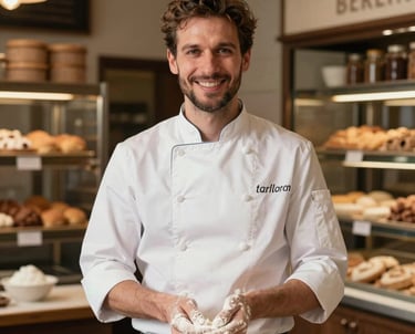 A portrait of a male chef with flour on his hands, smiling confidently. He is standing in a traditional bakery setting in Berlin. The lighting is warm and authentic, emphasizing a trustworthy family business vibe.