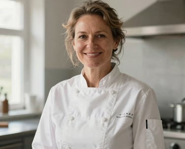 A warm portrait of a middle-aged woman with a kind smile, wearing a professional chef jacket in a clean, modern kitchen in Berlin. Soft morning light, focusing on her friendly face. Central European setting.