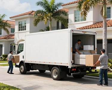 Professional movers carefully loading a moving truck in Delray Beach under clear skies.