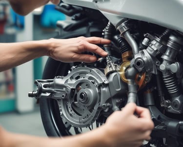 Close-up of a mechanic inspecting motorcycle brakes with specialized tools.
