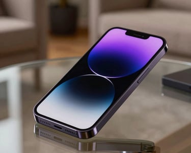 High-end product photography of a sleek, dark metallic smartphone showing an abstract purple screen, set on a glass table in a North American lounge.