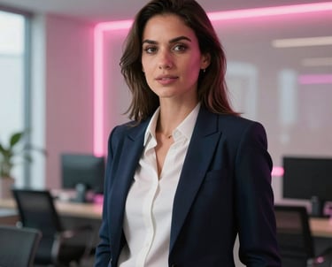 A professional portrait of a tech-focused woman in high-end business attire, lit with soft neon pink lighting in a premium North American office.