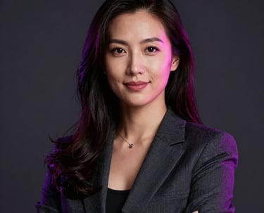 An elegant portrait of a marketing strategist in a dark studio, with subtle purple and pink rim lighting creating a high-end SaaS company feel.