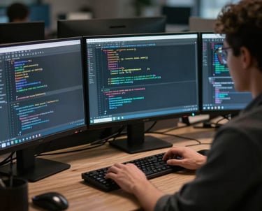 A focused shot of a developer at a workstation with three glowing monitors, working on complex code in a dark, atmospheric North American office.