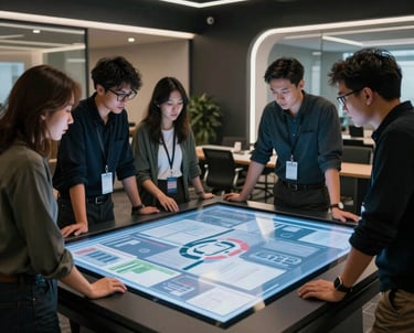 A candid shot of a creative team collaborating around a large touch-screen table in a futuristic, dark-toned North American agency lobby.