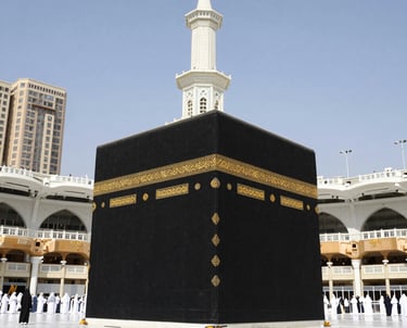 A serene view of pilgrims walking towards the Grand Mosque under a clear blue sky.