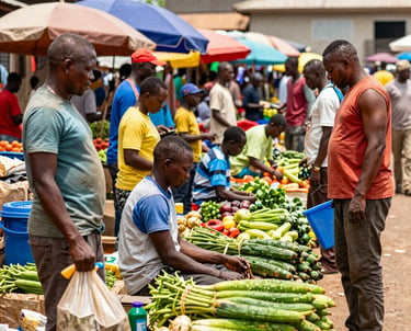 A bustling market scene in Kinshasa with fresh produce on display.