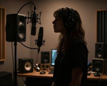 Close-up of a musician adjusting headphones in a dimly lit recording studio.