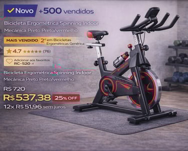 Bicicleta ergométrica spinning indoor preta e vermelha em promoção para treino em casa.