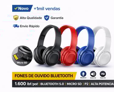 Wireless Bluetooth 5.0 headphones in black, red, blue, and white with Micro SD and P2 support.