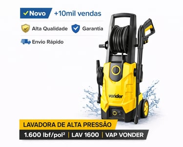 Lavadora de alta pressão Vonder LAV 1600 amarela e preta com jato de água e mangueira.