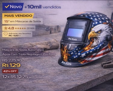 Máscara de solda automática Pró Euro com estampa de águia e bandeira dos EUA sobre bancada de trabalho.