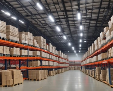 A sleek office interior illuminated by modern commercial LED lighting fixtures.