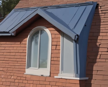 Skilled worker fitting metal flashing on a sloped roof under bright daylight.