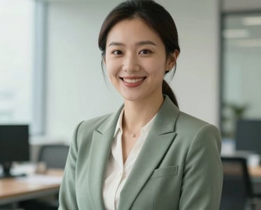 A professional portrait of an East Asian / Chinese woman in business attire, smiling warmly in a bright corporate office with soft sage green accents.