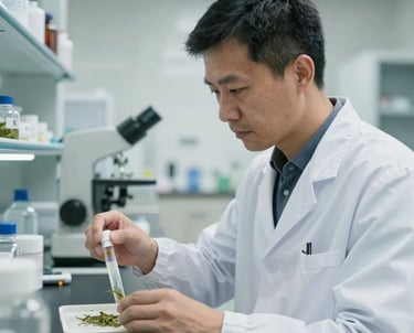 A professional portrait of an East Asian / Chinese man in laboratory attire, focusing on quality control samples in a bright, modern tea laboratory.