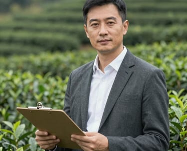 A professional portrait of an East Asian / Chinese man in business-casual attire, holding a clipboard in a lush tea plantation environment.