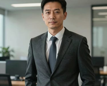 A professional portrait of an East Asian / Chinese man in a dark slate suit, standing in a modern office, looking confident and professional.