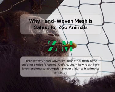 A primate looking through hand-woven stainless steel wire mesh in a safe zoo enclosure.