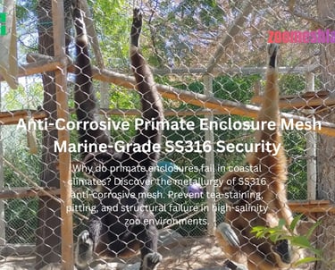 Two gibbons climbing on marine-grade SS316 anti-corrosive primate enclosure mesh in a naturalistic zoo habitat