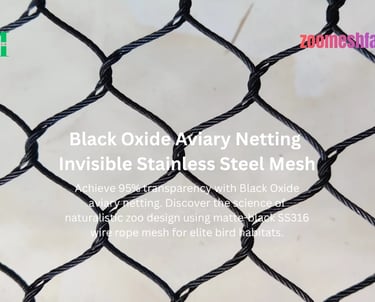 Macro view of Black Oxide Aviary Netting showing the detailed 7x7 stainless steel wire rope construction.