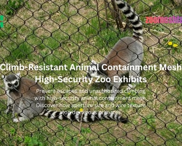 Ring-tailed lemurs in a high-security zoo exhibit featuring climb-resistant stainless steel containment mesh.