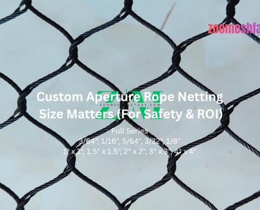 Technical series of custom aperture rope netting showing various wire diameters and mesh opening sizes.