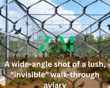 A wide-angle view through stainless steel wire rope mesh of a lush, walk-through aviary with various birds.