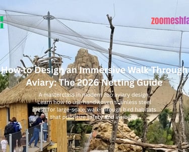 A panoramic view of a large-scale zoo aviary featuring expansive stainless steel cable mesh supported by high masts.