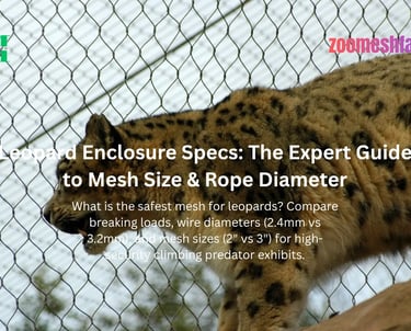 A snow leopard stands behind a high-tensile 3.2mm stainless steel cable mesh barrier.