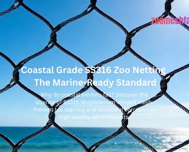 Coastal Grade SS316 Zoo Netting showing knotted wire rope construction against a direct ocean view.