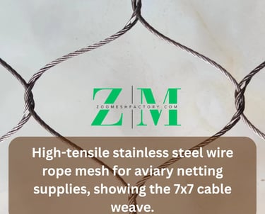 High-tensile stainless steel wire rope mesh for aviary netting supplies, showing the 7x7 cable weave.