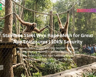 A view of gibbons climbing on high-tensile SS316 stainless steel wire rope mesh at a modern great ape enclosure.