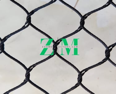 Durable black knotted stainelss s netting with a diamond mesh pattern for industrial and safety use.