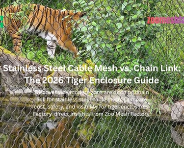 A Malayan tiger walks on grassy terrain behind a new, high-tensile stainless steel cable mesh enclosure fence.