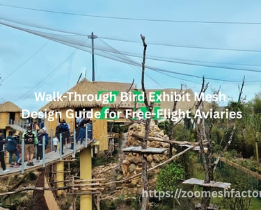 Walk-through free-flight bird aviary featuring protective stainless steel cable mesh and elevated walkways.
