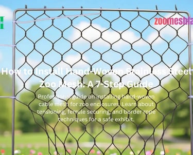 Professional installer using a hydraulic swaging tool to secure stainless steel ferrules on zoo enclosure cable mesh