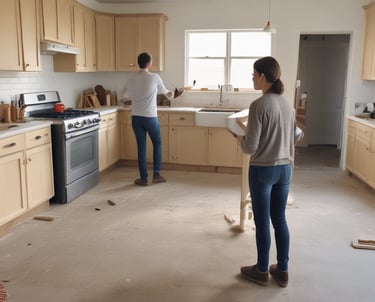 Couple renovating a modern kitchen with light wood cabinets and stainleteel appliances.