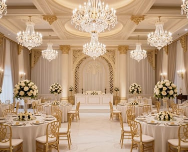 Elegant banquet hall in a Marbella villa adorned with royal purple and gold wedding decor.