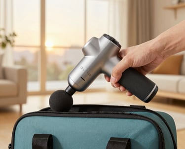 Athlete using a compact and ergonomic hand-held massager on the shoulder muscles.