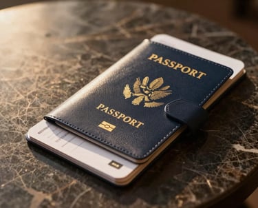Close-up of luxury travel details, premium leather passport holder and boarding pass on a dark marble table, golden hour light, high-end corporate style, 35mm