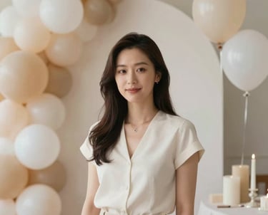 Portrait of a creative stylist surrounded by elegant event decorations and balloon samples in #A7727D and #F8F8F8. She looks approachable and professional.