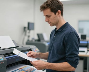 Portrait of a man, an expert in digital printing, standing next to a high-end printer. He is holding a professional print proof, looking focused and skilled.